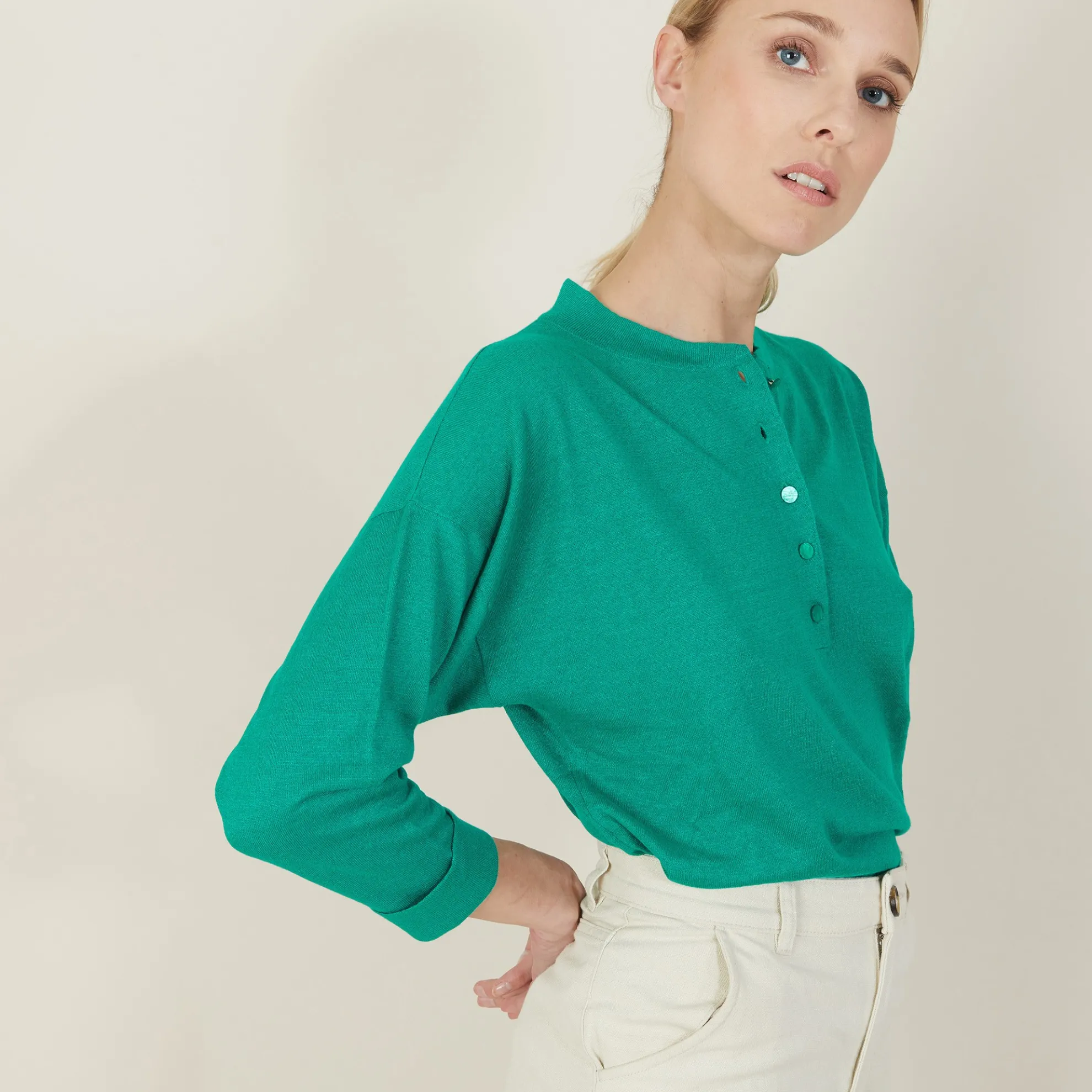 Maison Montagut Pull Col Boutonne En Lin Cachemire - Naza>Femme Pulls