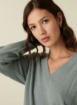 Maison Montagut Pull En Cachemire Col V En Jeu De Maille Quadrille - Canelle><noscript><img width=