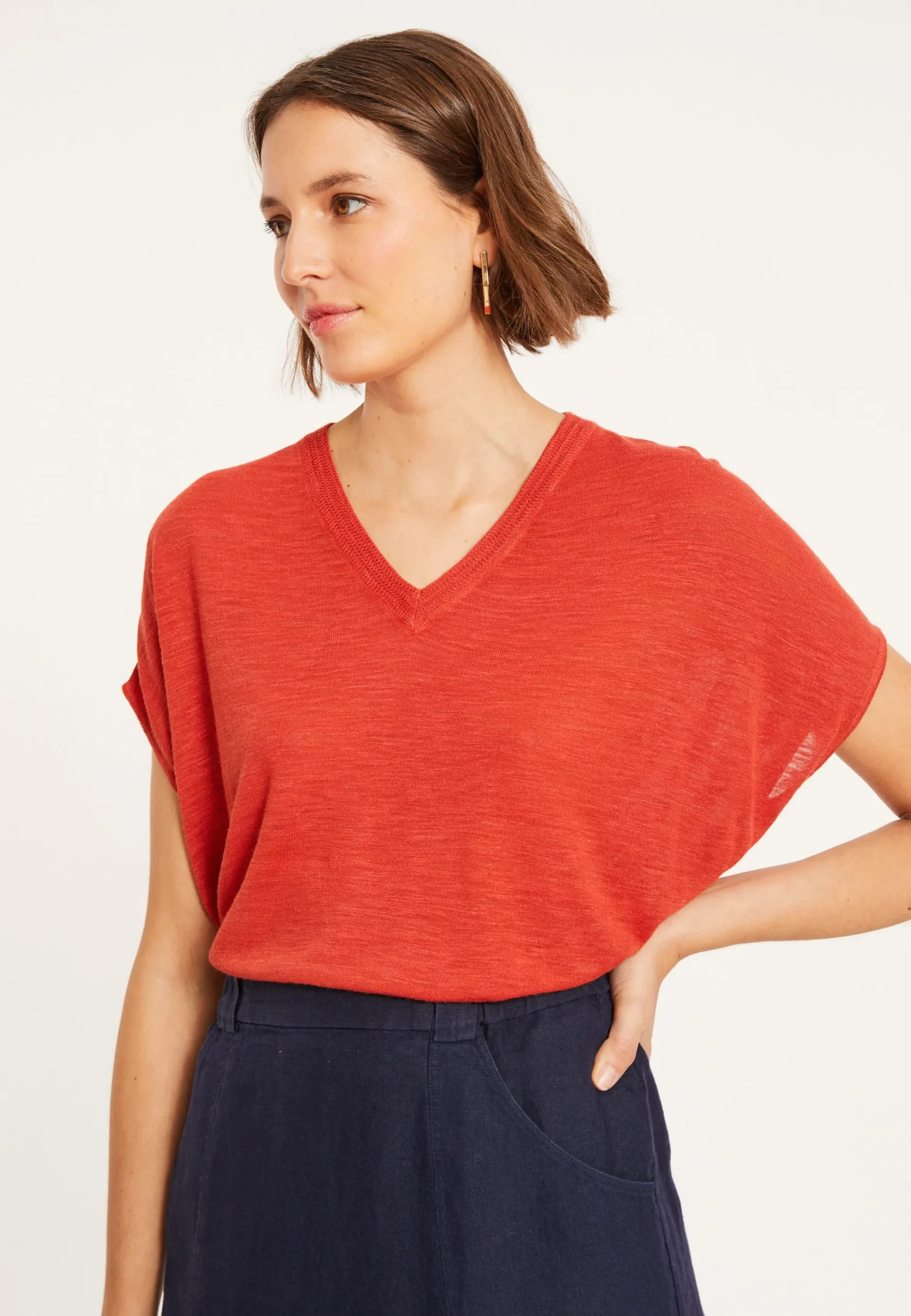 Maison Montagut T-Shirt Ample Col V En Lin Flamme - Marra>Femme T-Shirts