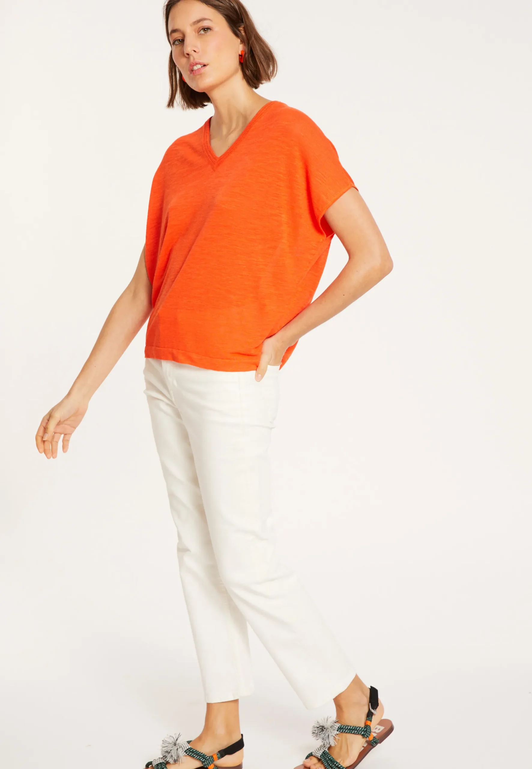 Maison Montagut T-Shirt Ample Col V En Lin Flamme - Marra>Femme T-Shirts