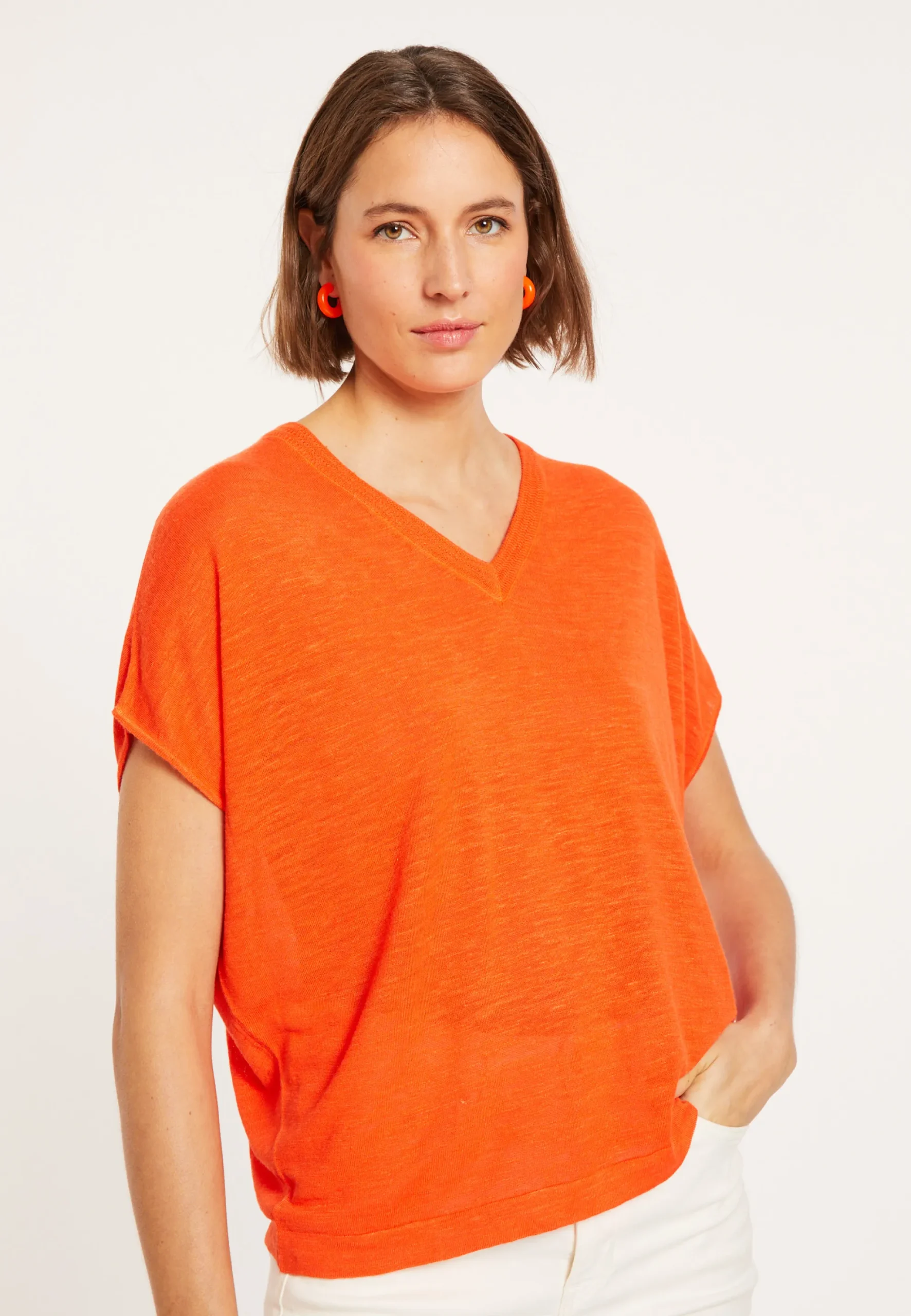 Maison Montagut T-Shirt Ample Col V En Lin Flamme - Marra>Femme T-Shirts