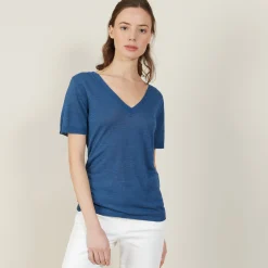Maison Montagut T-Shirt Col V En Lin Flamme - Bountie><noscript><img width=