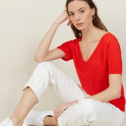 Maison Montagut T-Shirt Col V En Lin Flamme - Bountie><noscript><img width=