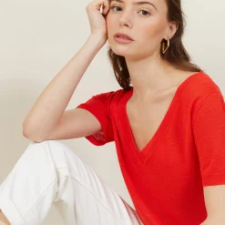 Maison Montagut T-Shirt Col V En Lin Flamme - Bountie><noscript><img width=