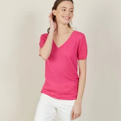 Maison Montagut T-Shirt Col V En Lin Flamme - Bountie><noscript><img width=