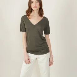 Maison Montagut T-Shirt Col V En Lin Flamme - Bountie><noscript><img width=
