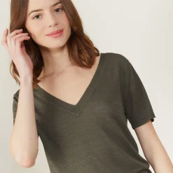 Maison Montagut T-Shirt Col V En Lin Flamme - Bountie><noscript><img width=