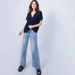 Maison Montagut T-Shirt En Lin Col V Boutonne - Maati><noscript><img width=