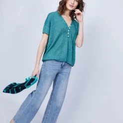 Maison Montagut T-Shirt En Lin Col V Boutonne - Maati><noscript><img width=