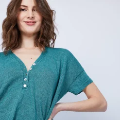 Maison Montagut T-Shirt En Lin Col V Boutonne - Maati><noscript><img width=