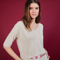 Maison Montagut T-Shirt En Lin Flamme Manches Coudes - Bonbon><noscript><img width=