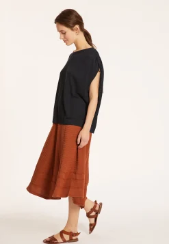 Maison Montagut T-Shirt En Lin Flamme Resserrage Epaules - Marine><noscript><img width=