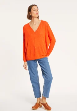 Maison Montagut T-Shirt Oversize Col V En Lin Flamme - Beja><noscript><img width=