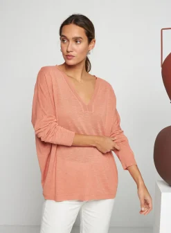 Maison Montagut T-Shirt Oversize Col V En Lin Flamme - Beja>Femme T-Shirts