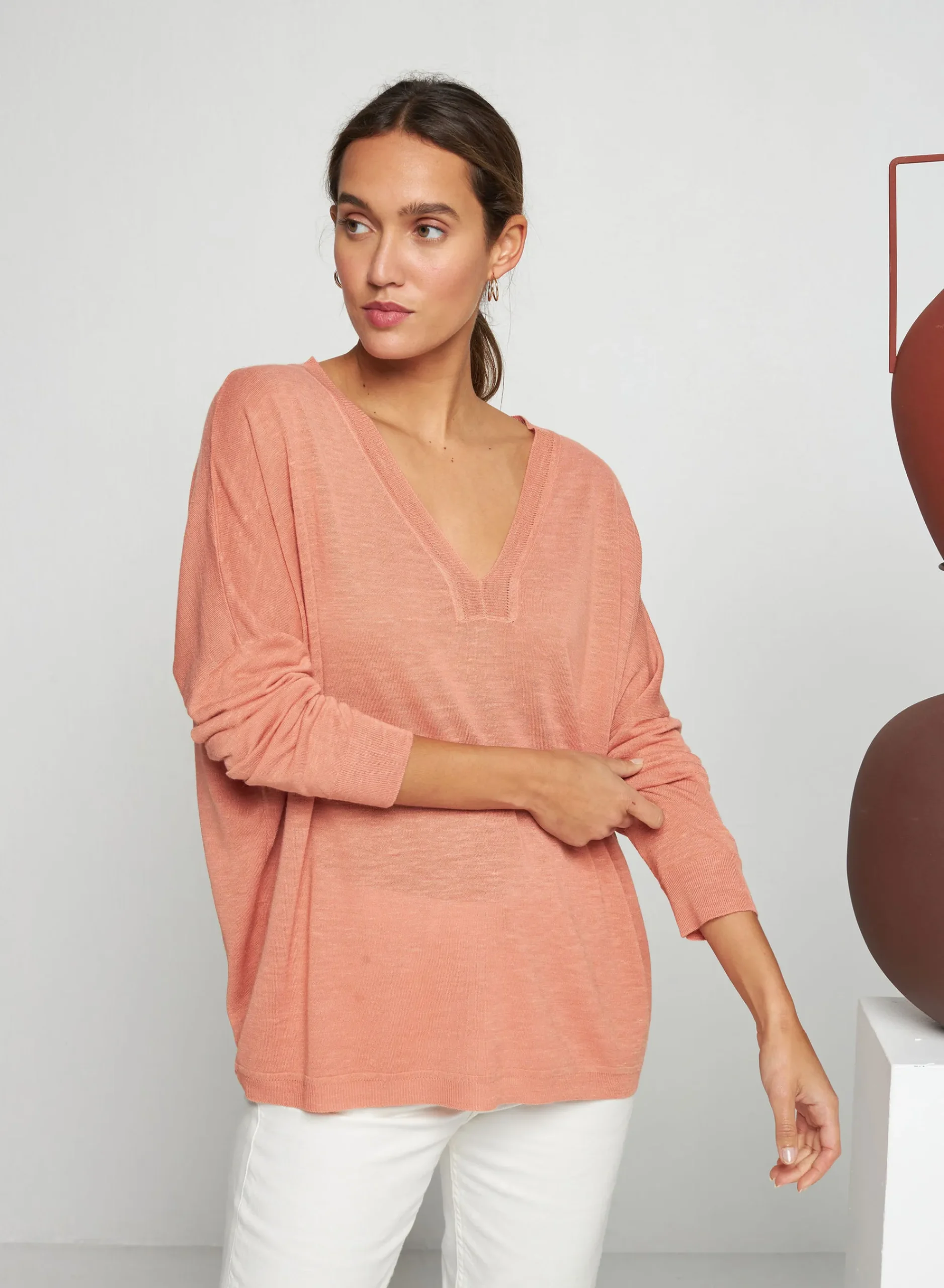 Maison Montagut T-Shirt Oversize Col V En Lin Flamme - Beja>Femme T-Shirts