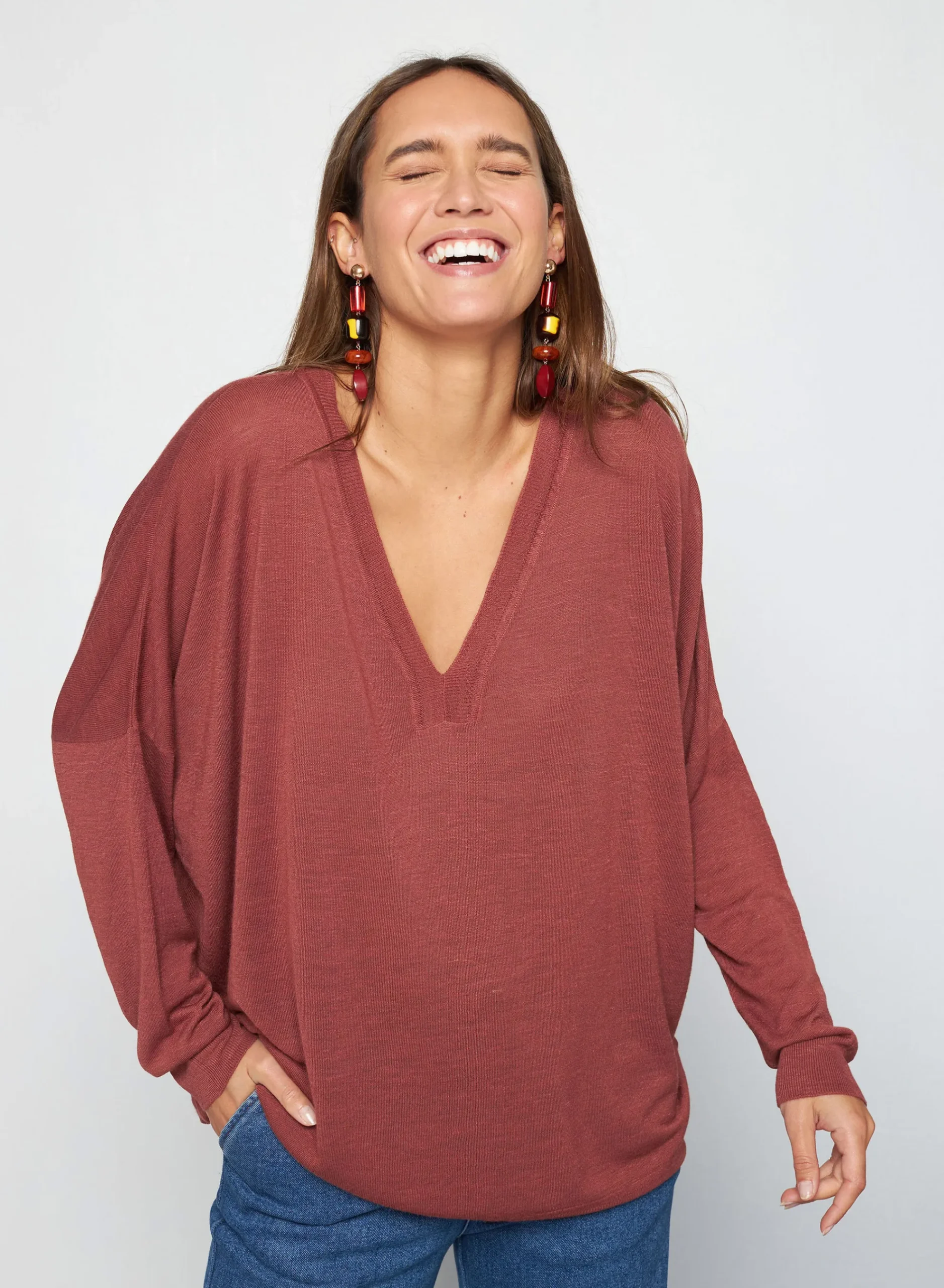 Maison Montagut T-Shirt Oversize Col V En Lin Flamme - Beja>Femme T-Shirts